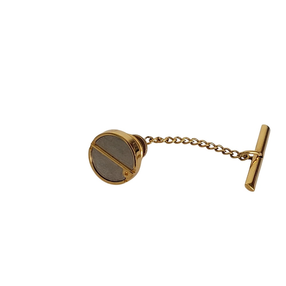 Dunhill Mens Gold Tone Circular Tie Tack with Grey Inlay and Safety Chain